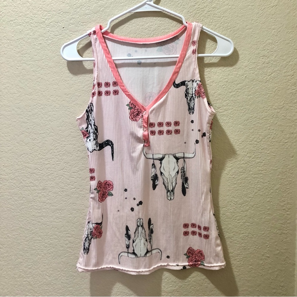 🍒 3 for $12 BUNDLE Sleeveless Pink Graphic Tank Top with Skull & Rose Print
